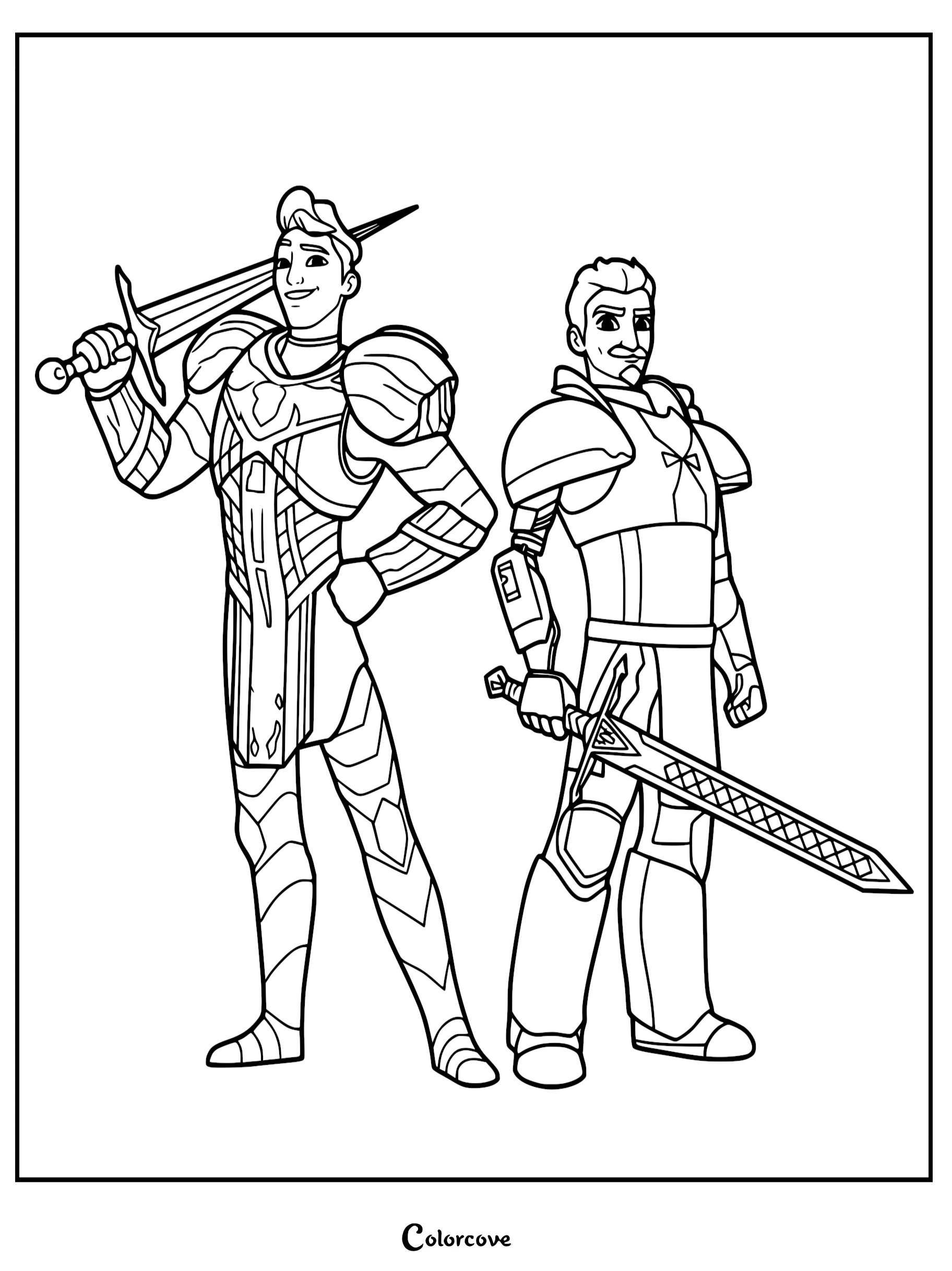 A black and white coloring page featuring Ambrosius Goldenloin standing with a sword on his shoulder next to Ballister Boldheart holding his sword.