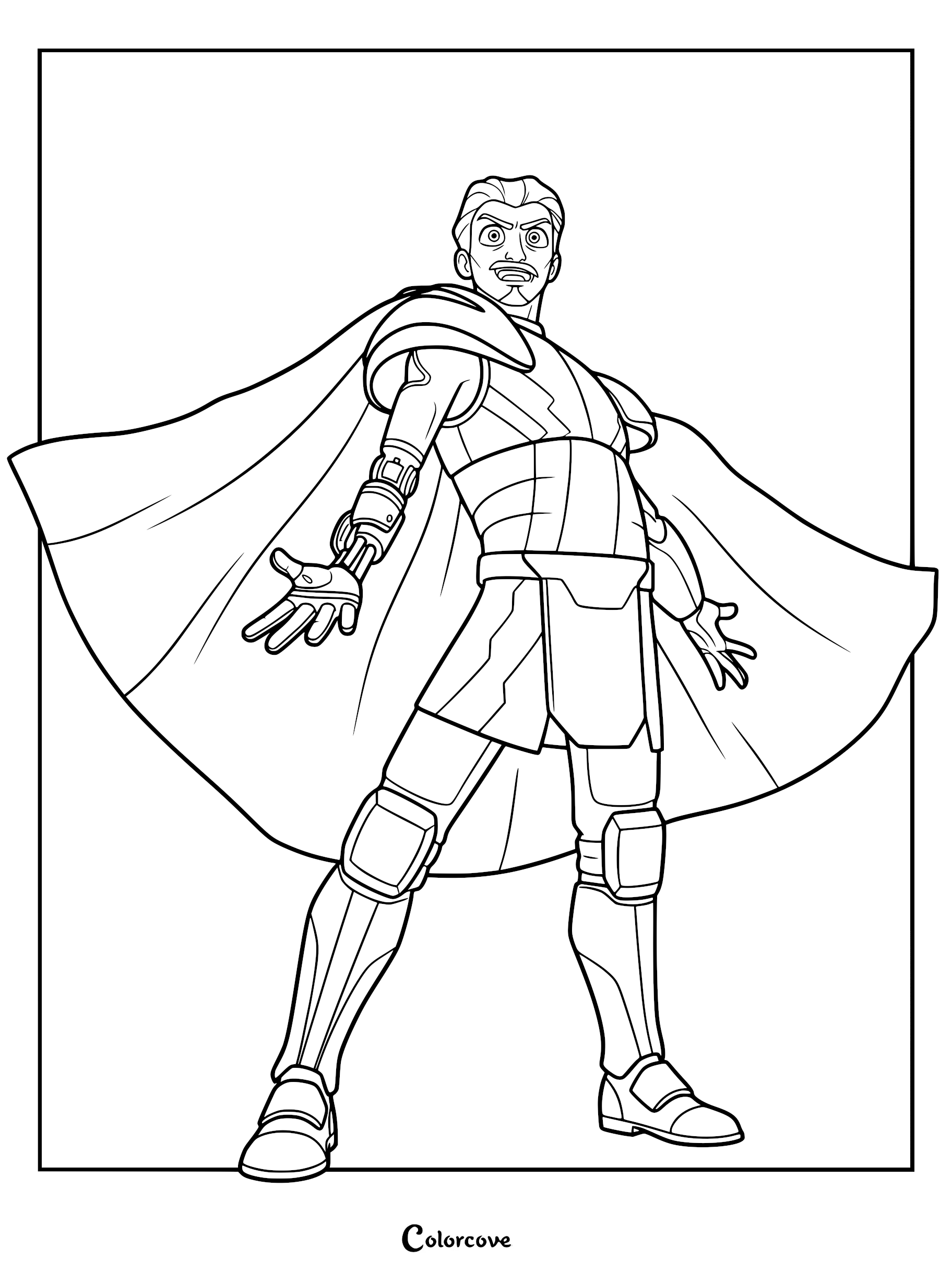 Ballister Boldheart from Nimona wearing his knight armor and cape, featuring his mechanical arm, in a printable coloring page format.