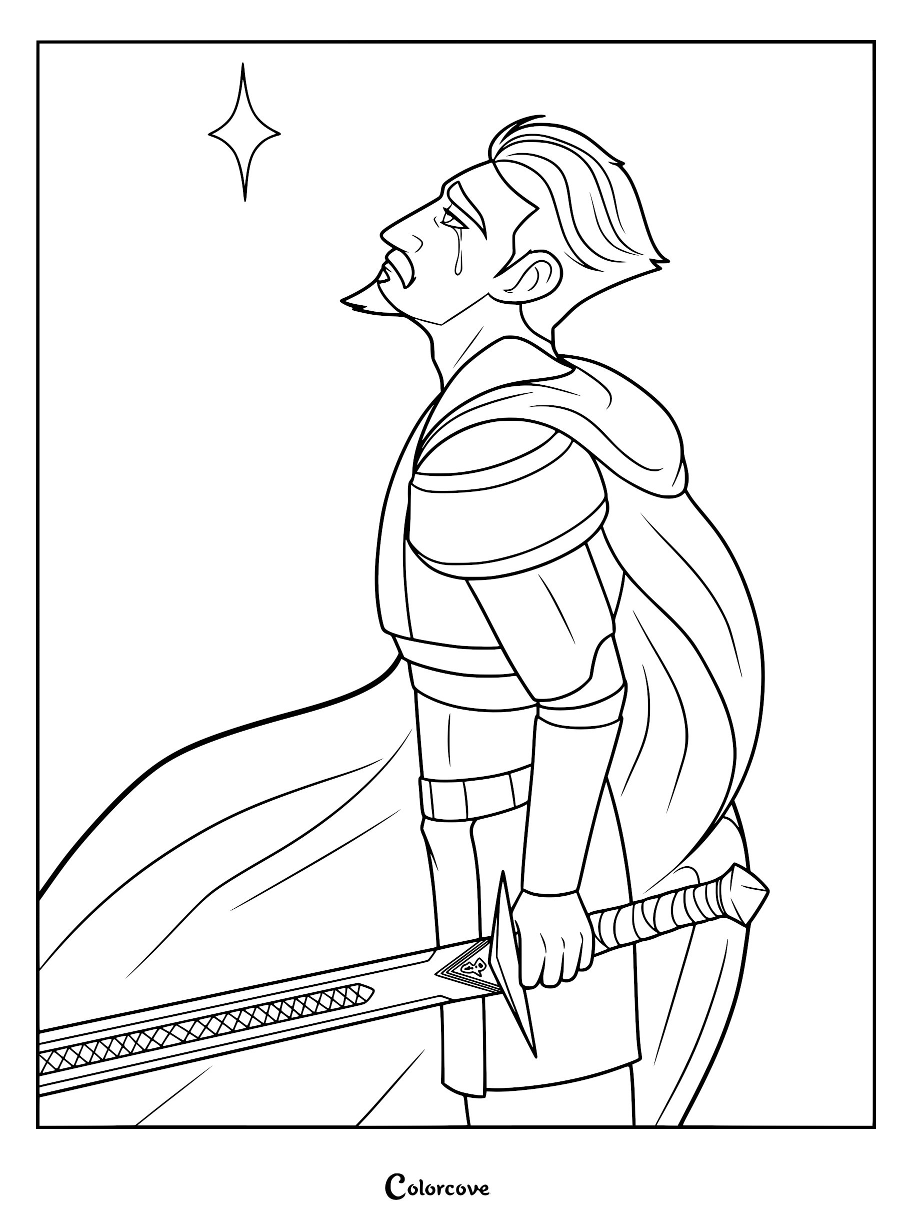 Ballister Boldheart from Nimona looking up at a star with a tear on his cheek, holding a sword, printable coloring page.