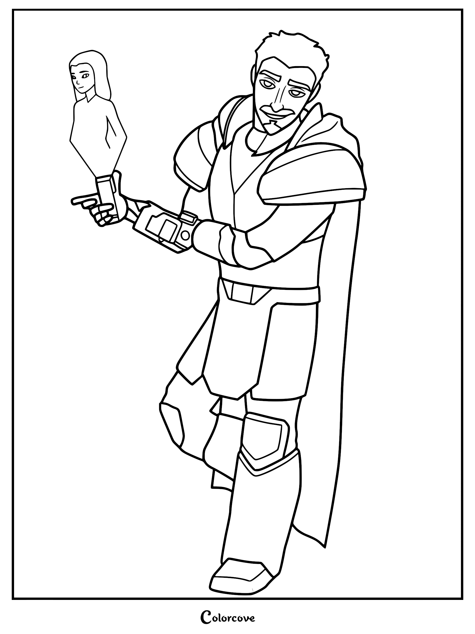 Ballister Boldheart in knight armor holding a small hologram of Gloreth on his forearm device, line art coloring page.