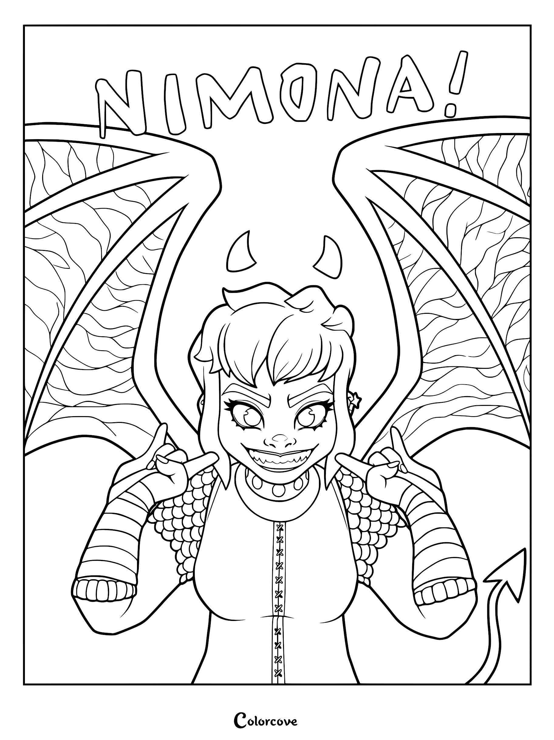 Nimona with large dragon wings, horns, and a mischievous grin in a printable coloring page style with the text NIMONA above her head.