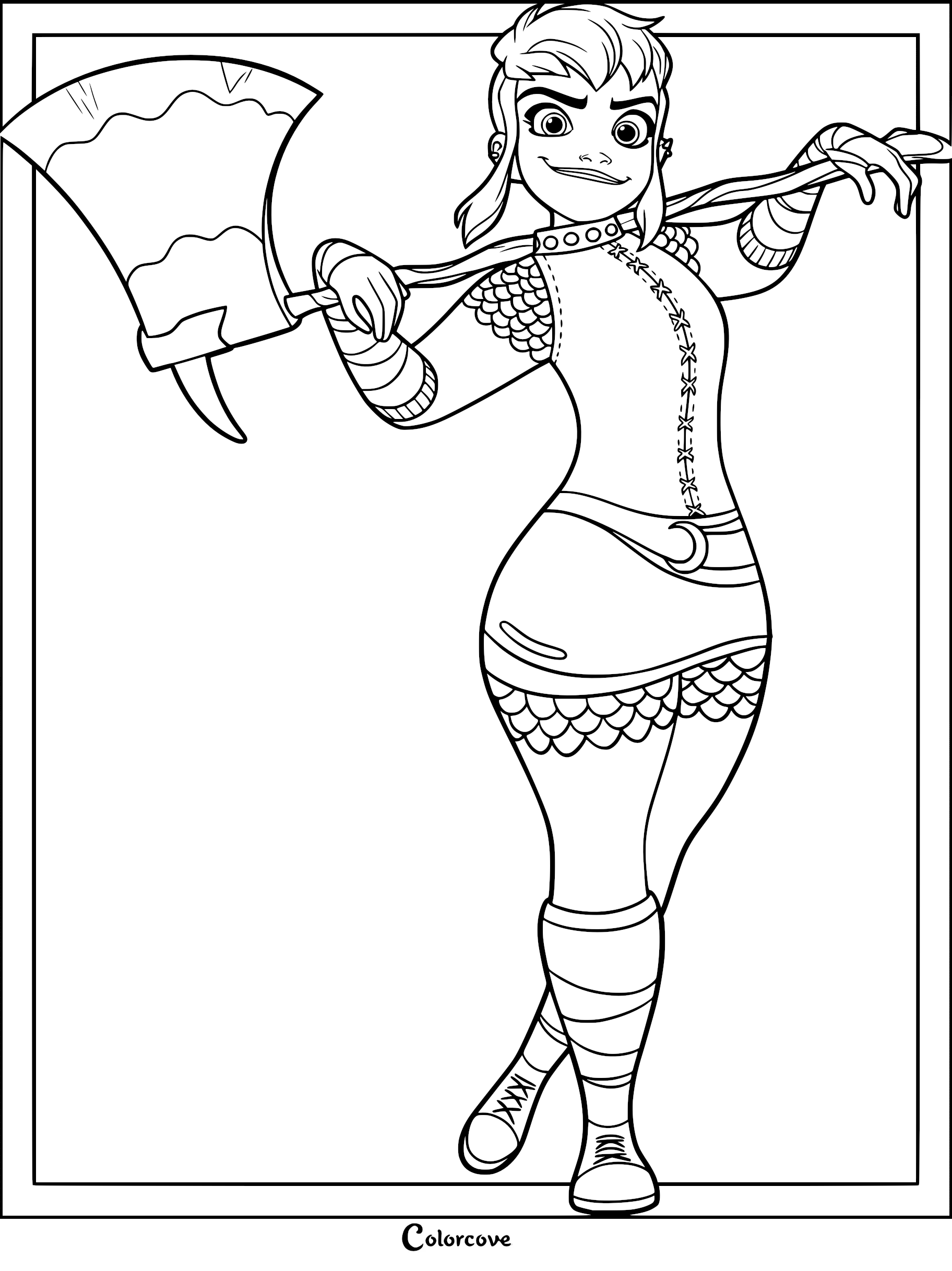 Nimona from the Netflix film standing confidently while holding a large battle axe over her shoulder in this printable coloring page.