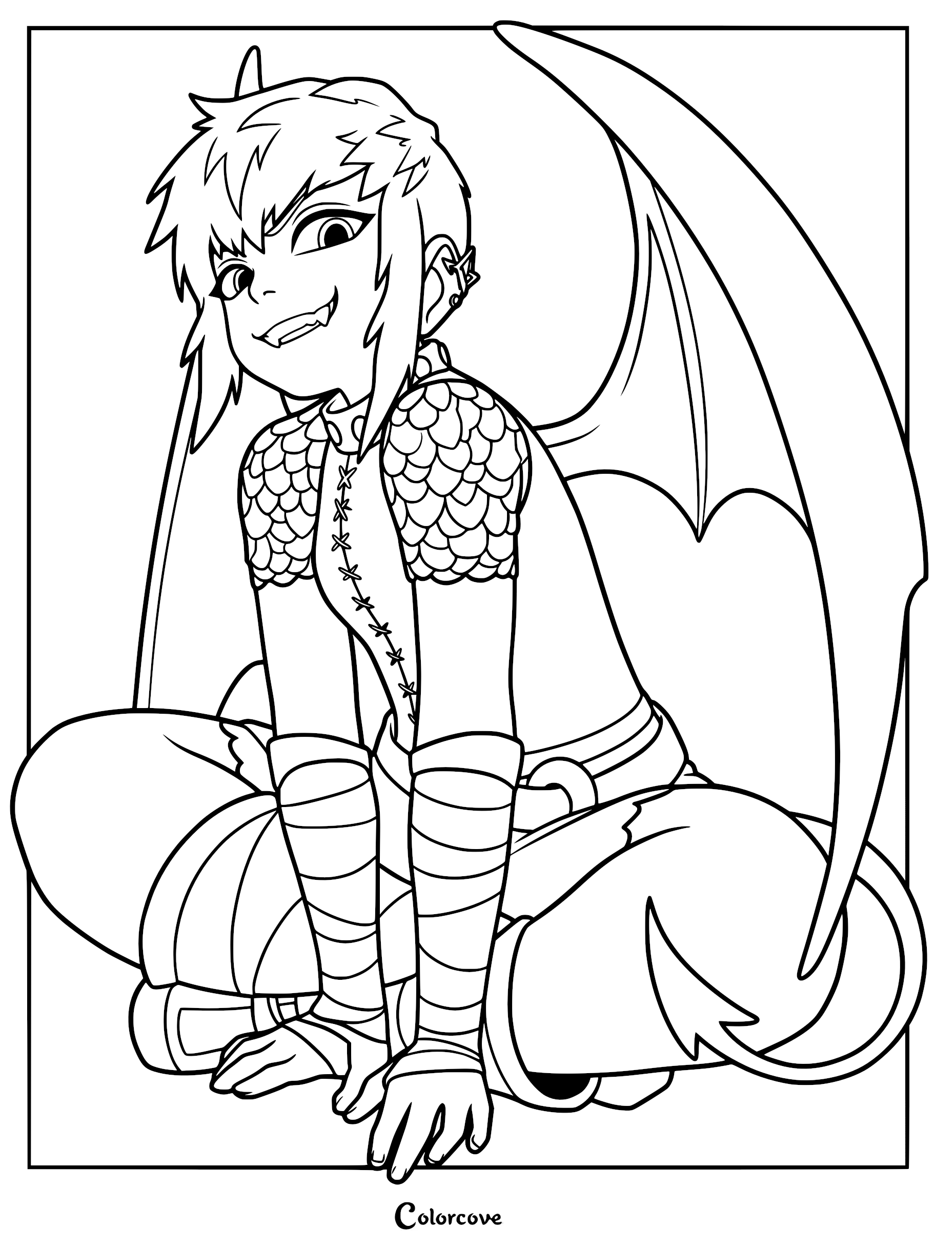 Nimona sitting cross-legged with large wings, sharp teeth, and scale-patterned shoulders in a detailed line art coloring page.