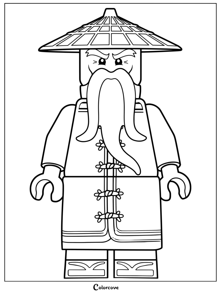 Dibujo para colorear del Maestro Wu de La película de Ninjago con una túnica blanca y un sombrero cónico beige.