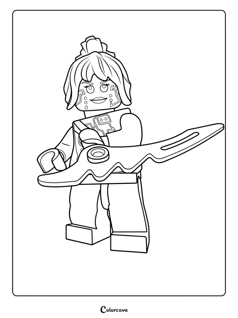 Dibujo para colorear de P.I.X.A.L. de Ninjago con la guerrera androide sosteniendo una espada.