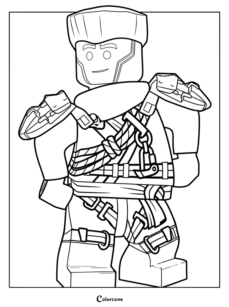 Dibujo para colorear de Zane escalador de Ninjago: La rebelión de los dragones con equipo de escalada y correas.