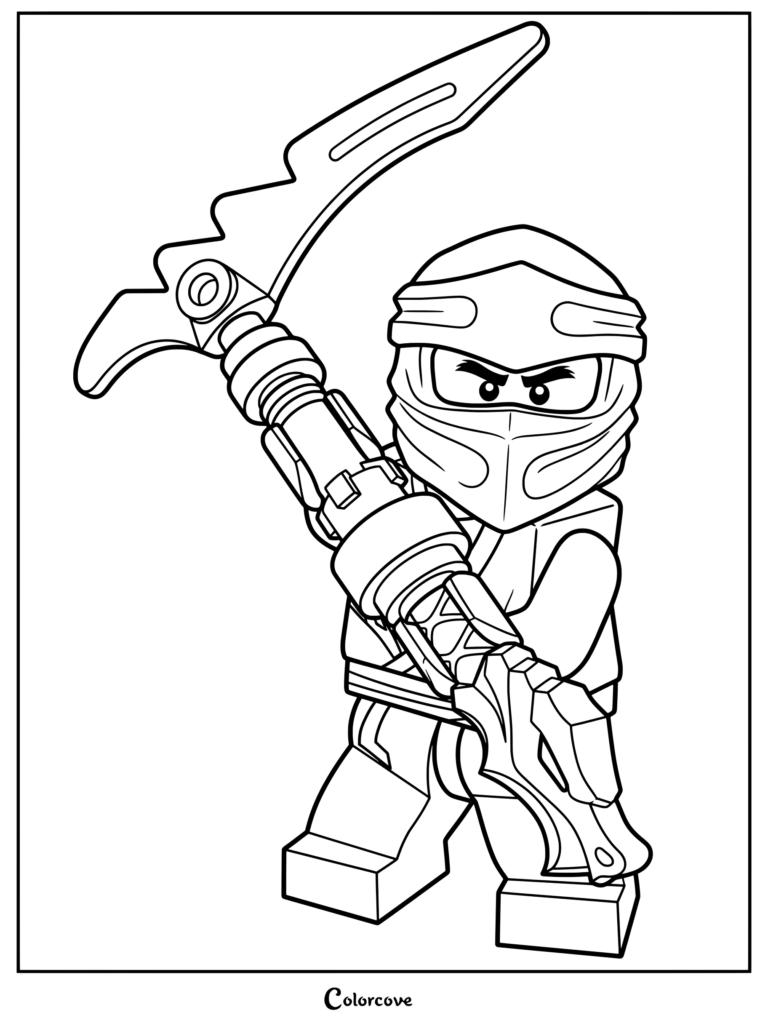 Dibujo para colorear de Cole empuñando su Guadaña Dorada de la serie animada Ninjago
