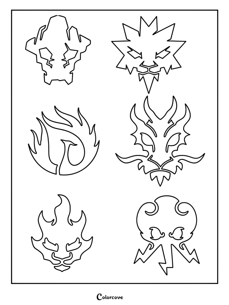 Dibujo para colorear de los blasones elementales dorados y símbolos utilizados por el equipo ninja en Ninjago.