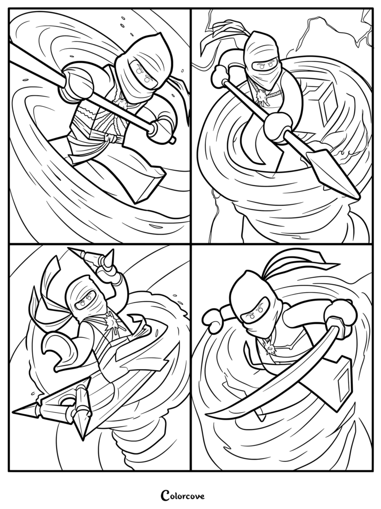 Dibujo para colorear en collage de cuatro viñetas de los cuatro personajes originales de Ninjago: Cole, Jay, Zane y Kai realizando movimientos de Spinjitzu.