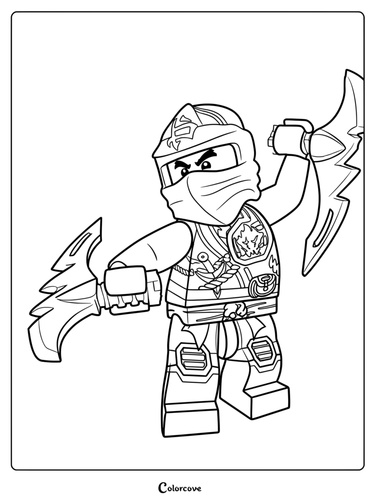 Dibujo para colorear imprimible de Ninjago con Cole en su variante de túnica de la jungla sosteniendo espadas doradas.