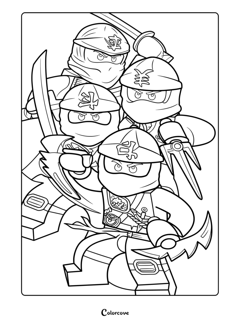 Dibujo para colorear de Cole, Jay, Kai y Lloyd con los cuatro valientes héroes de Ninjago.