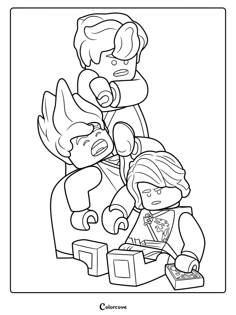 Dibujo para colorear de Ninjago que muestra a los personajes Jay, Kai y Lloyd apilados unos sobre otros al estilo dibujo animado.