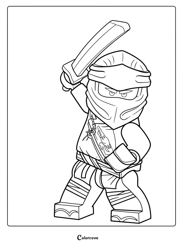 Dibujo para colorear de Lloyd Garmadon, el Ninja Verde de Ninjago, sosteniendo una espada dorada.