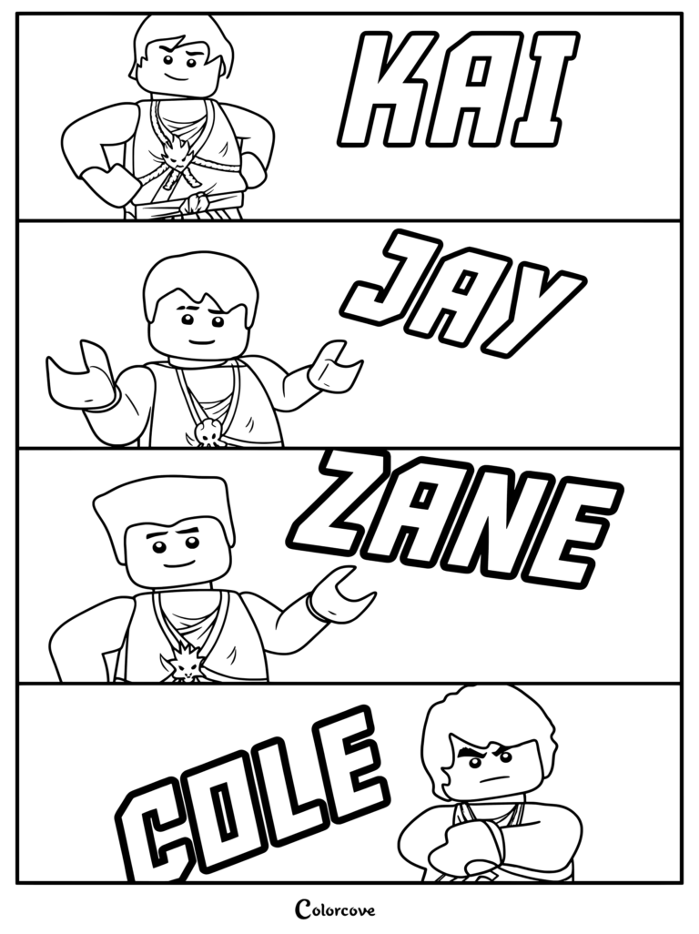 Dibujo para colorear imprimible con los cuatro personajes ninja principales originales: Kai, Jay, Zane y Cole de Ninjago.