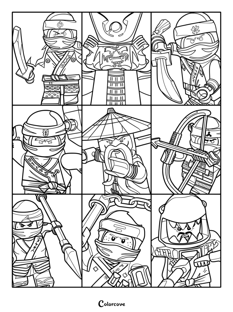 Dibujo para colorear imprimible del póster de bloques de color de La película de Ninjago con varios personajes en una cuadrícula.