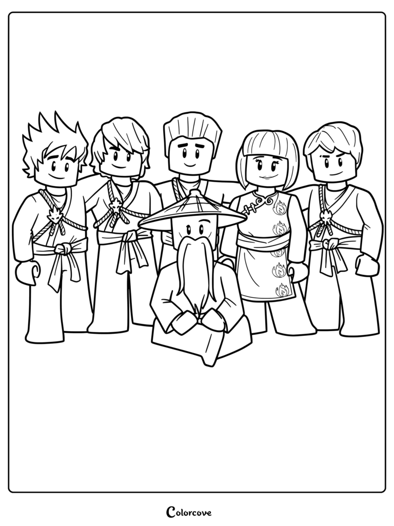 Dibujo para colorear de fan art que representa al equipo principal original de Ninjago con rasgos humanos.
