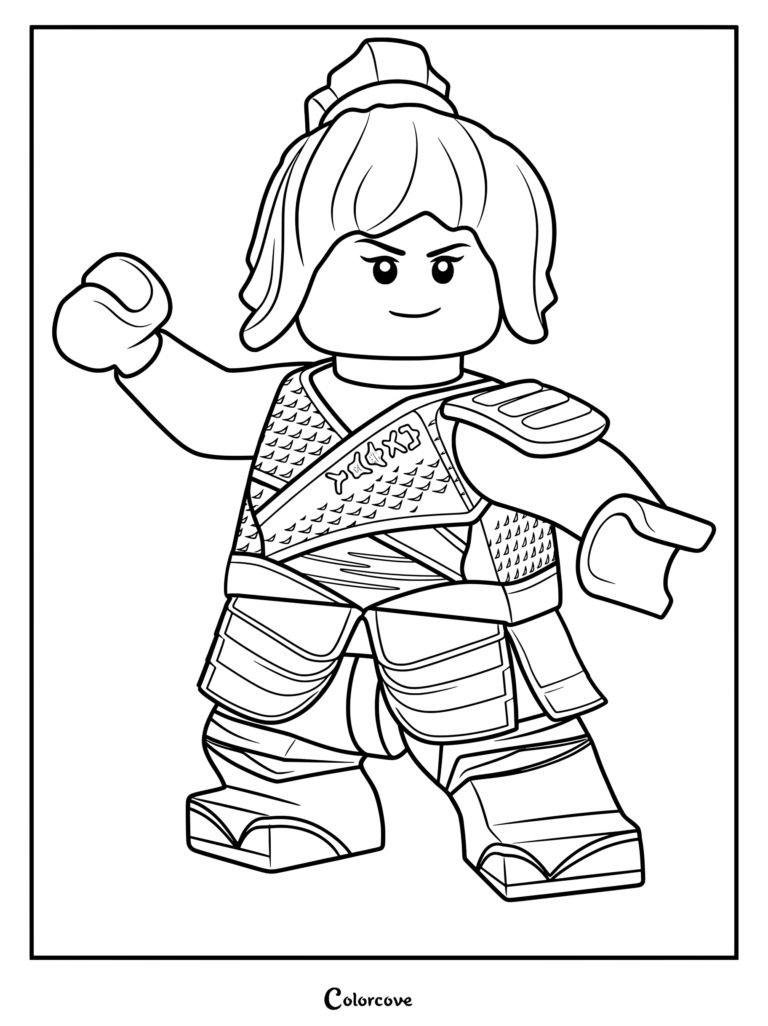 Dibujo para colorear de Nya de Ninjago con su atuendo de ninja de la temporada 8, Hijos de Garmadon, con armadura y coleta alta.