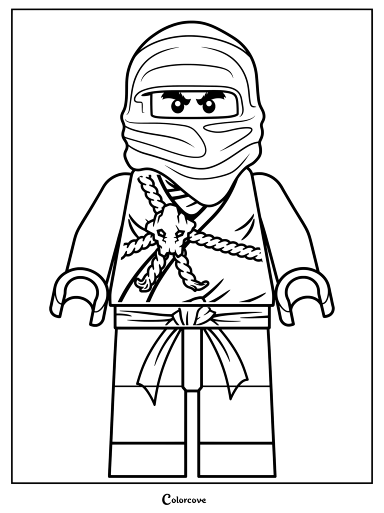 Dibujo para colorear de la minifigura clásica de Cole con las Armas Doradas de la temporada piloto de 2011 de Ninjago