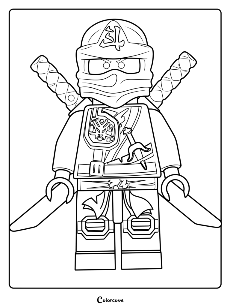 Dibujo para colorear imprimible de Ninjago con Lloyd Garmadon en su túnica zukin de la jungla del subtema El Torneo de los Elementos.