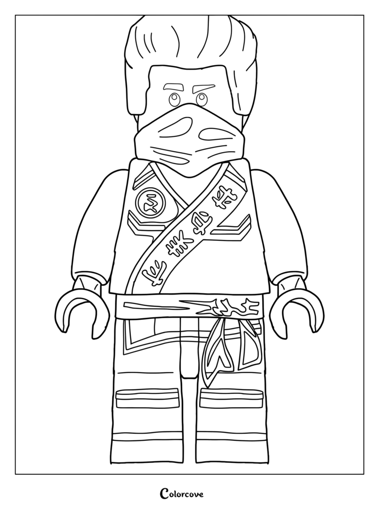 Dibujo para colorear de Dareth de Ninjago vistiendo su gi de artes marciales y pañuelo.