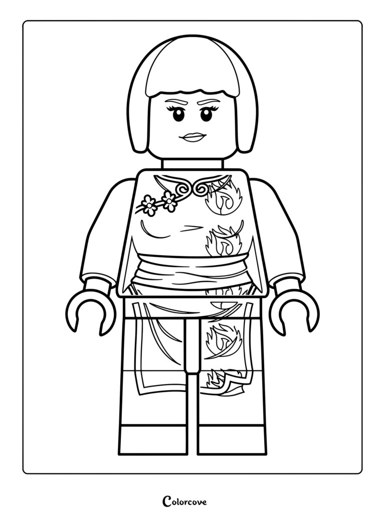 Dibujo para colorear de la minifigura original de Nya de Ninjago con su clásico atuendo rojo.