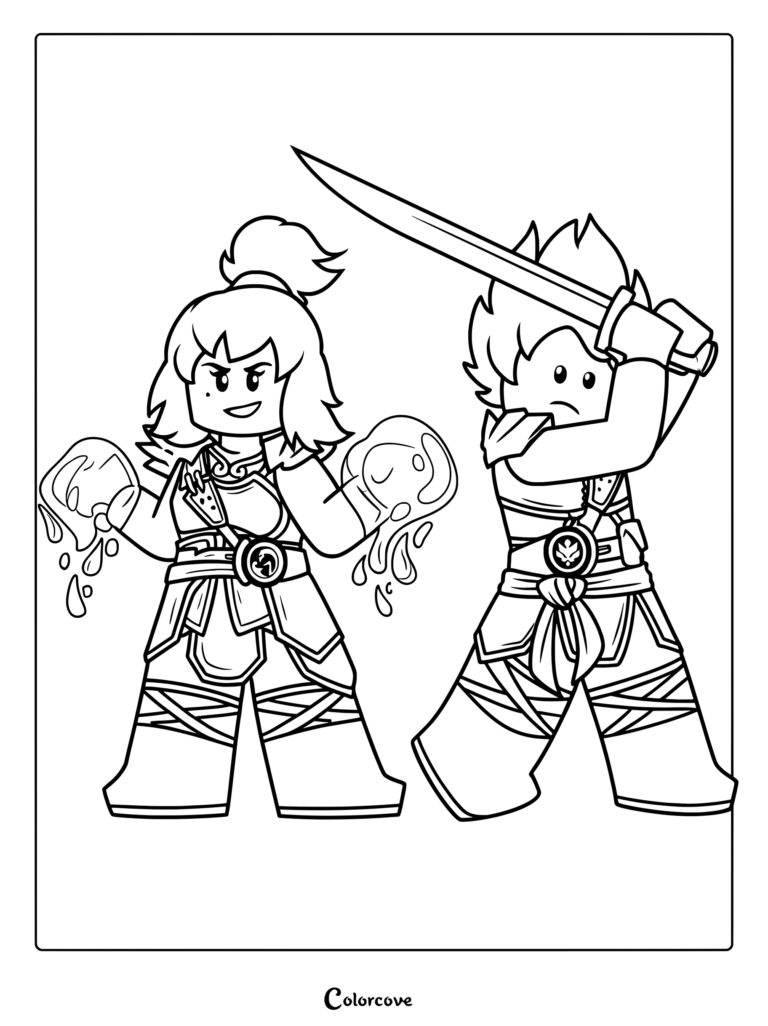 Dibujo para colorear de fan art de Nya y Kai de Ninjago