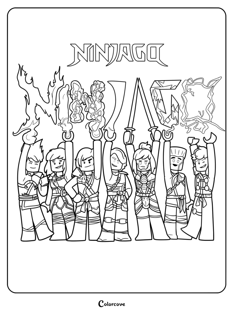 Dibujo para colorear de fan art del equipo ninja principal humanizado de Ninjago.