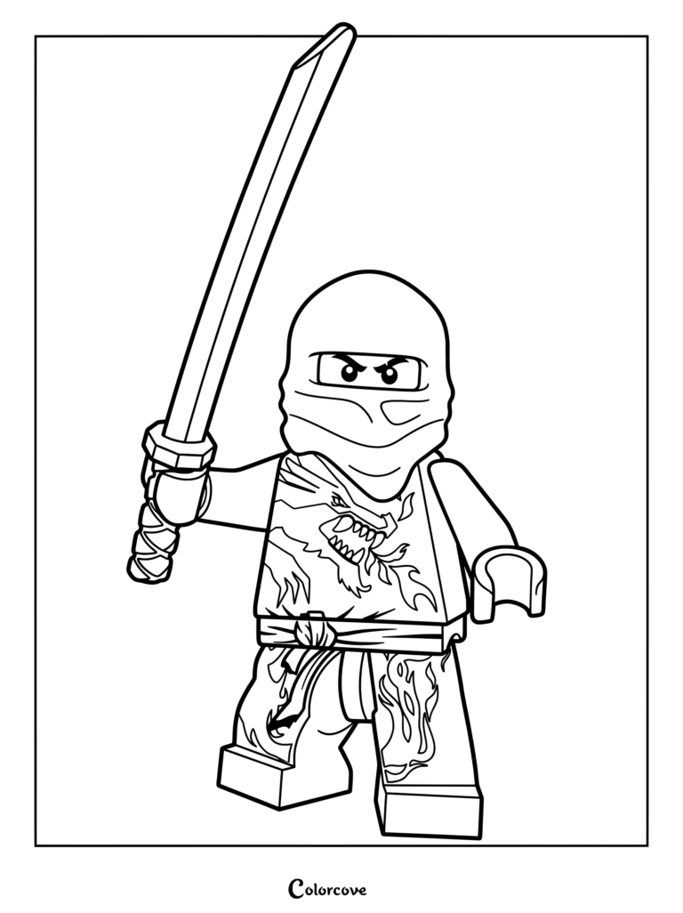 Dibujo para colorear de la minifigura de Kai DX de Ninjago con su traje de dragón rojo sosteniendo una espada dorada