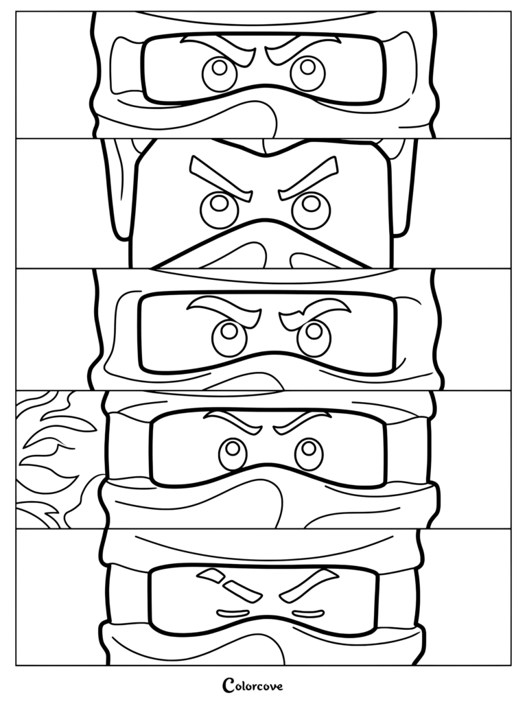 Dibujo para colorear de Ninjago con viñetas en primer plano de las caras de Lloyd con energía verde, Zane, Kai con fuego y Jay.