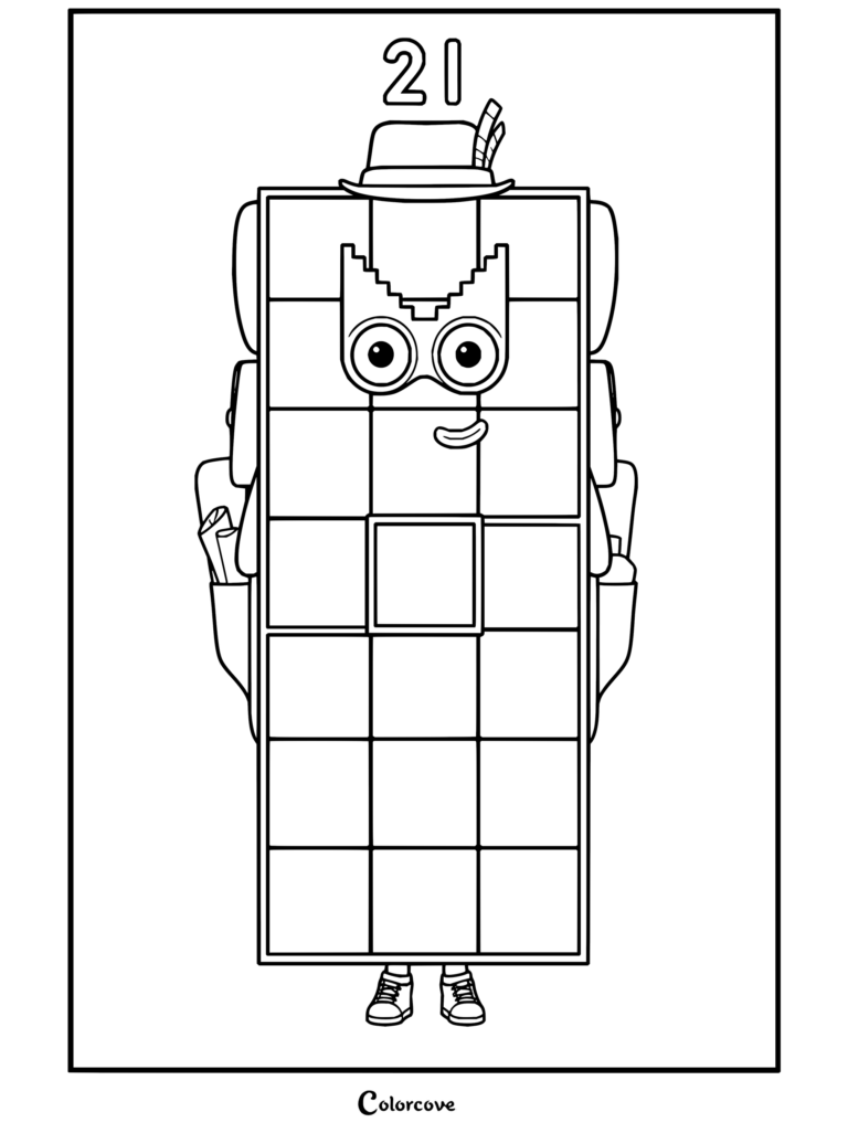 Coloriage de Vingt-et-un de Numberblocks portant un chapeau d'explorateur et un sac à dos.