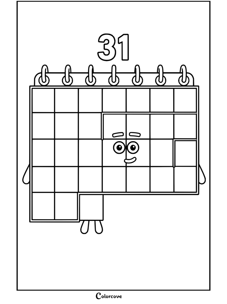 Coloriage de Trente-et-un de Numberblocks montrant le personnage conçu comme un calendrier mensuel.