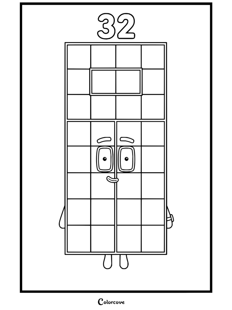 Coloriage de Trente-deux de Numberblocks représentant le personnage avec les traits de son visage et sa structure en grille de blocs.