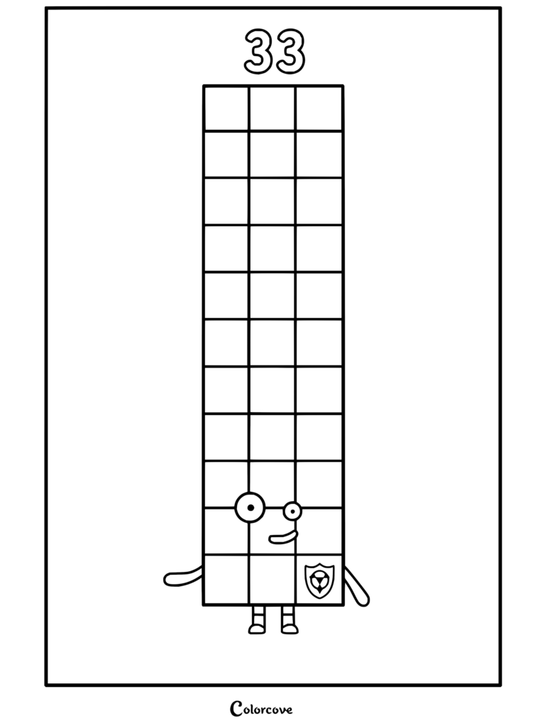 Coloriage de Trente-trois de Numberblocks représentant le grand personnage en tour de blocs avec un monocle et un badge.