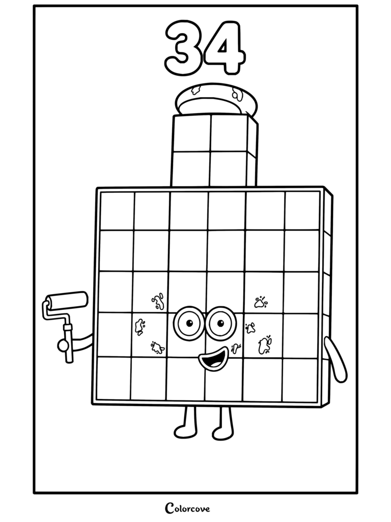 Coloriage de Trente-quatre de Numberblocks tenant un rouleau de peinture.