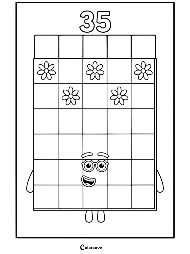 Coloriage de Trente-cinq représentant le personnage de Numberblocks avec des lunettes et des fleurs.
