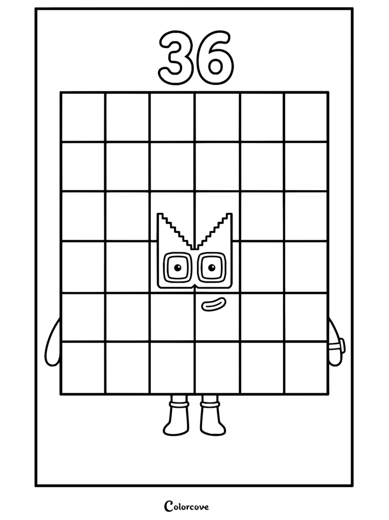 Coloriage de Trente-six de Numberblocks représentant un grand personnage en grille carrée avec une couronne et une expression amicale.