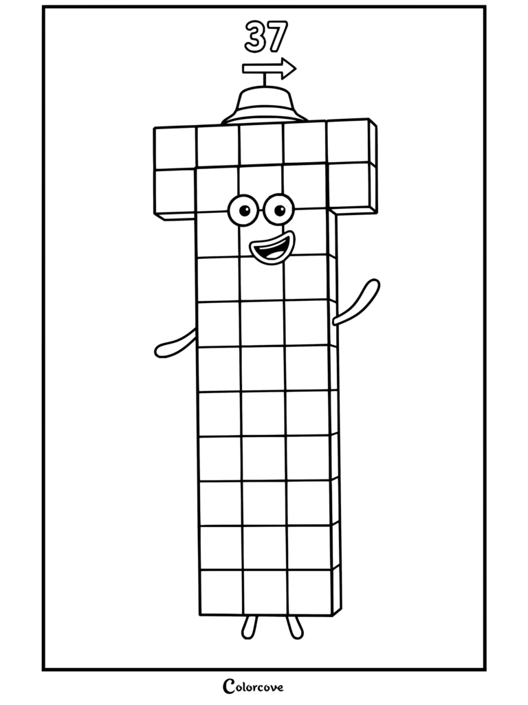 Coloriage à imprimer de Trente-sept de Numberblocks avec un chapeau en cloche, une expression joyeuse et les bras ouverts.