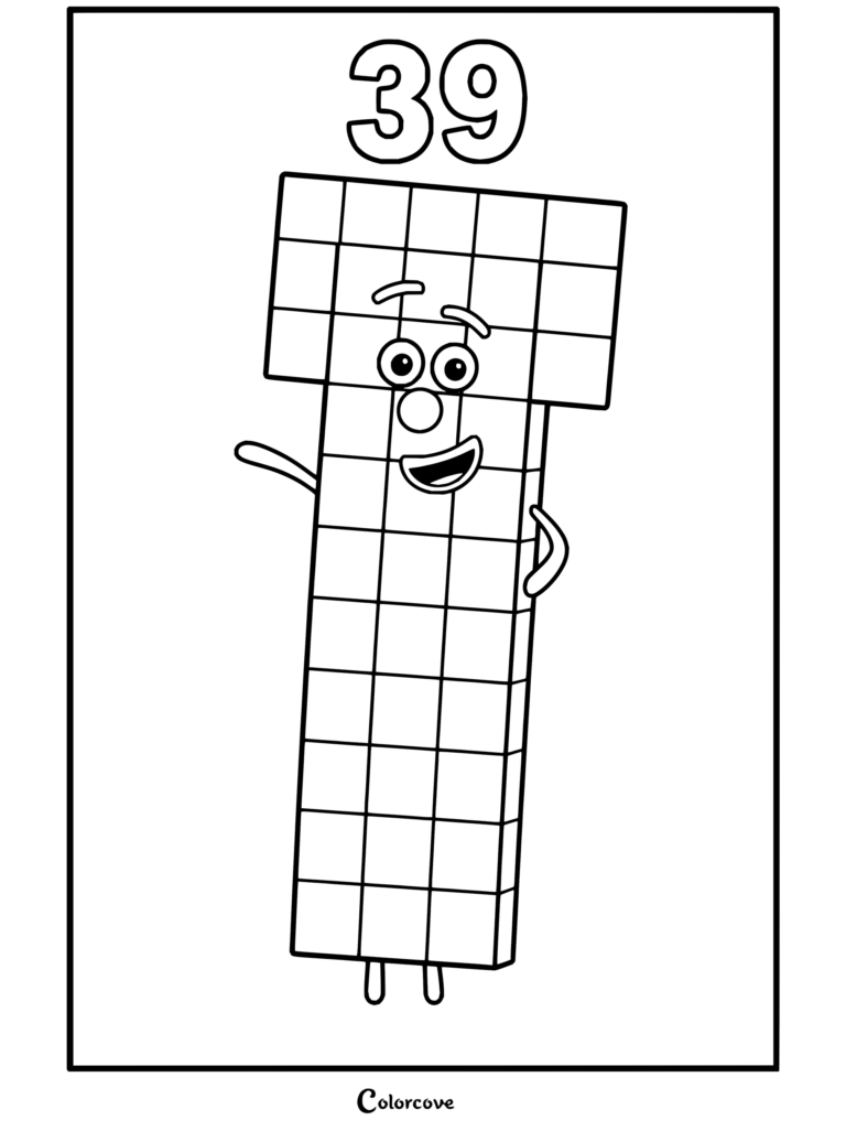 Coloriage de Trente-neuf de Numberblocks mettant en vedette un personnage de 39 blocs au visage amical.