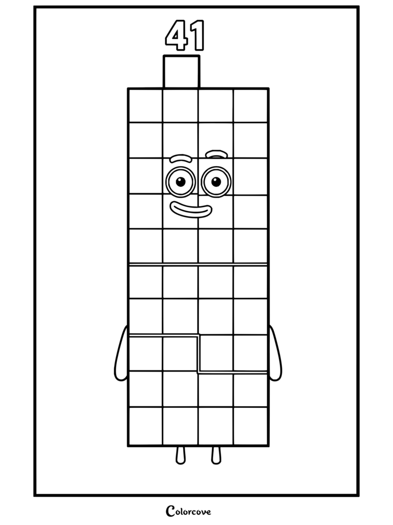 Coloriage de Quarante-et-un de Numberblocks représentant le personnage en blocs aux grands yeux et au sourire chaleureux.