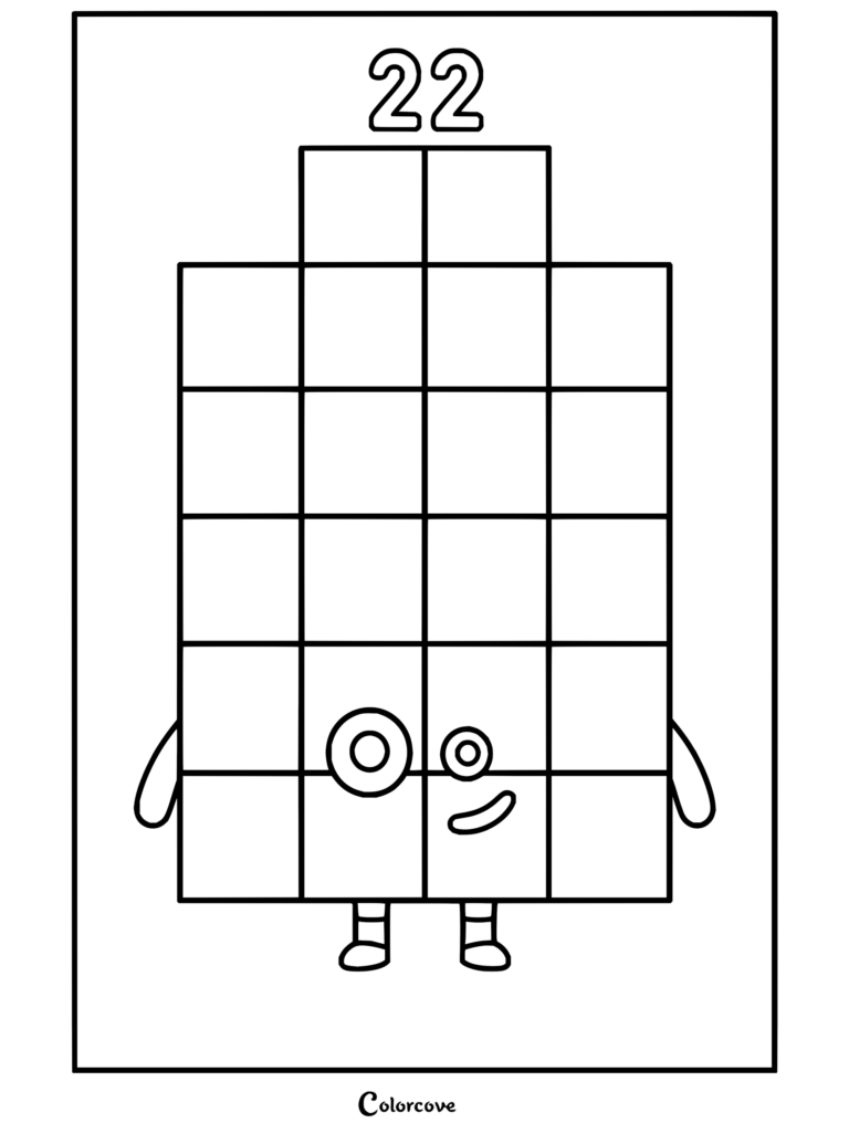 Coloriage de Vingt-deux de Numberblocks représentant un personnage composé de 22 blocs avec des yeux amusants et un sourire.