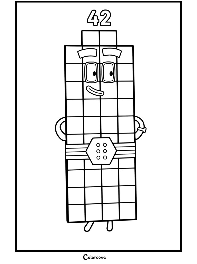 Coloriage de Quarante-deux de Numberblocks représentant un grand personnage en blocs avec des lunettes et une ceinture.