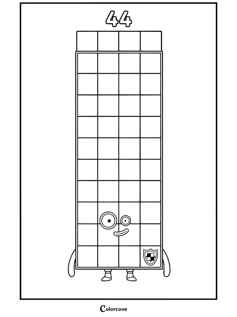 Coloriage à imprimer mettant en scène Quarante-quatre de Numberblocks avec un visage amical et des détails de bouclier.
