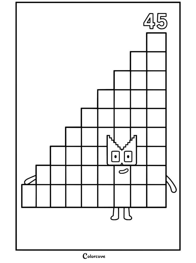 Coloriage à imprimer de Quarante-cinq de Numberblocks disposé en formation triangulaire de quarante-cinq blocs, avec un visage et de petits bras et jambes.
