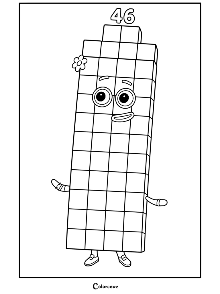 Coloriage de Quarante-six de Numberblocks représentant un personnage composé de 46 blocs avec un accessoire fleuri.