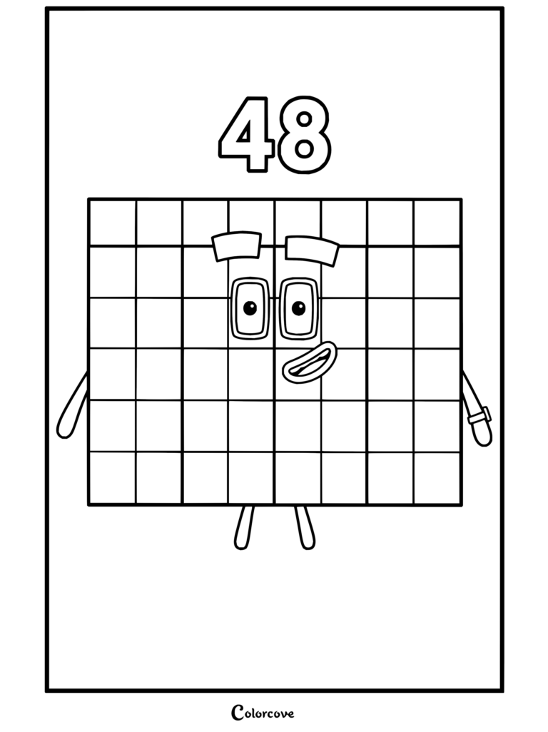 Coloriage de Quarante-huit de Numberblocks souriant avec les bras écartés.