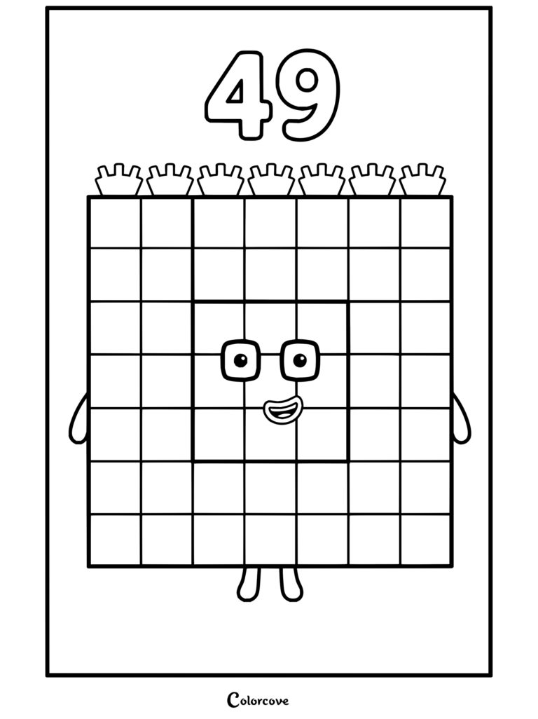 Coloriage à imprimer de Quarante-neuf de Numberblocks, montrant le grand personnage carré avec des lunettes et un visage souriant.