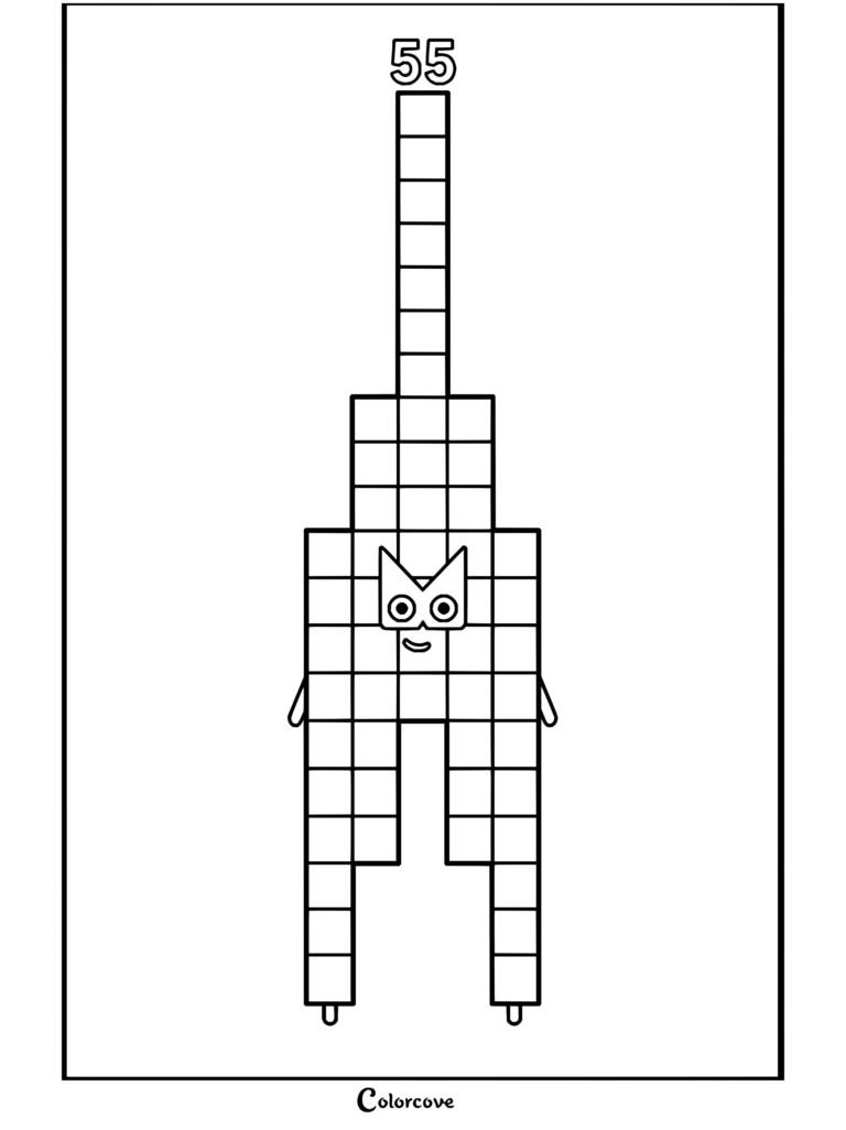 Coloriage de Cinquante-cinq de Numberblocks montrant le personnage debout avec ses formes géométriques en blocs.