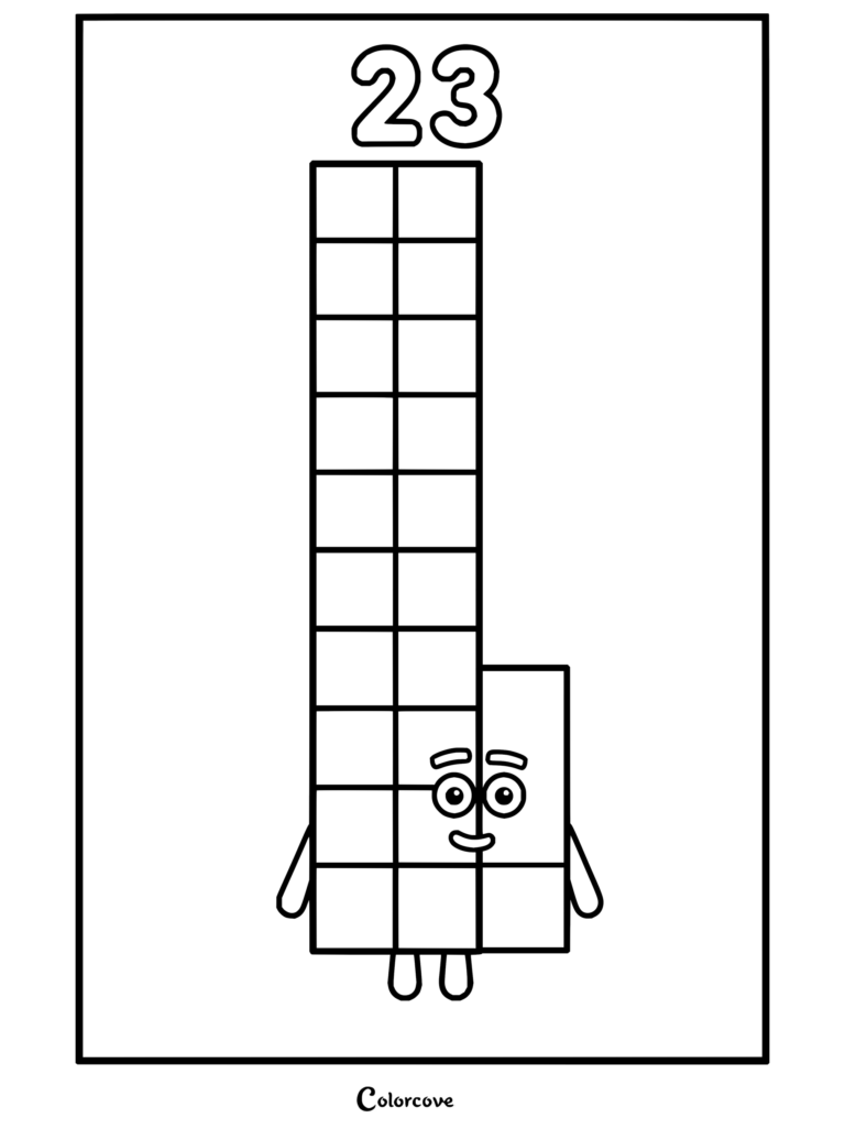Coloriage de Vingt-trois de Numberblocks représentant un grand personnage en blocs composé de 23 carrés avec un visage souriant.