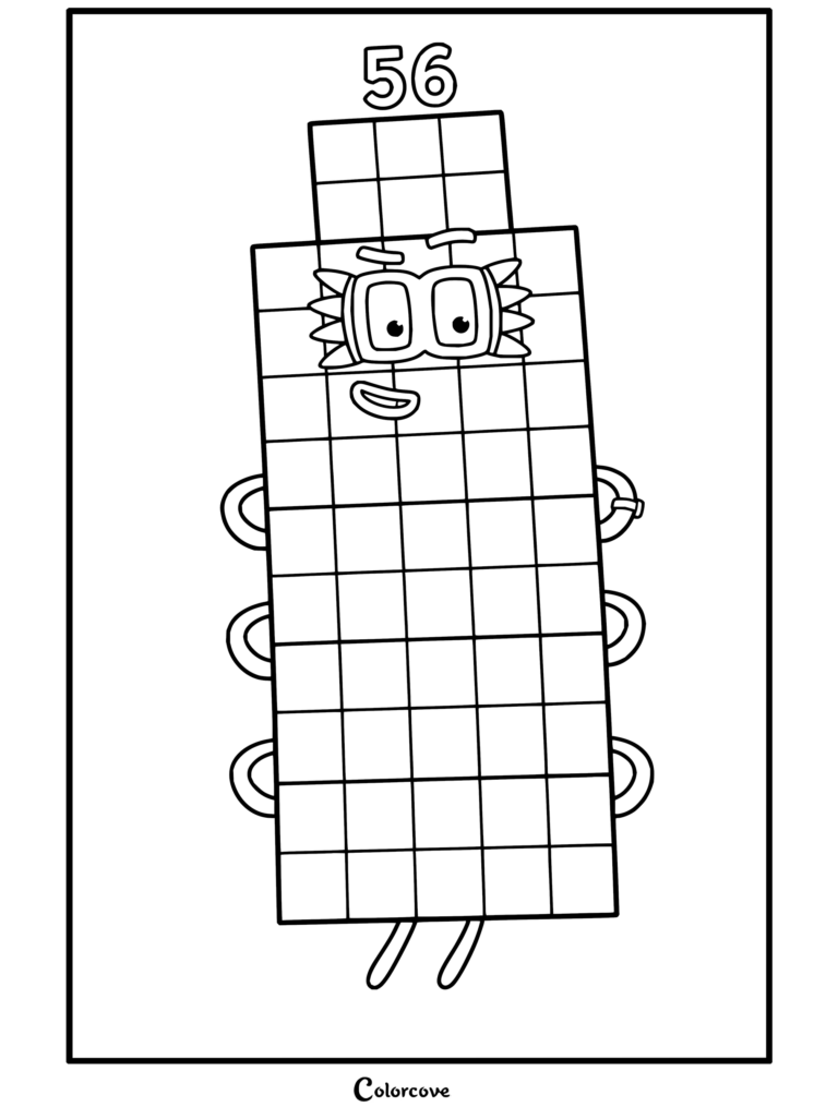 Coloriage de Cinquante-six de Numberblocks avec un corps rectangulaire, un visage souriant et une petite structure de blocs en guise de chapeau.