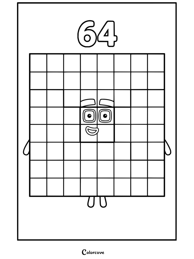 Un coloriage de Numberblocks représentant Soixante-quatre debout joyeusement avec un corps en grille et un visage expressif.